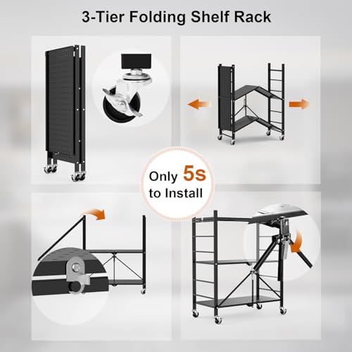 Himix Storage Shelves with 6 Hooks, 3 Tier Foldable Shelf with Wheels, Metal Storage Shelving Unit Rolling Cart, Utility Shelf Rack Organization Himix