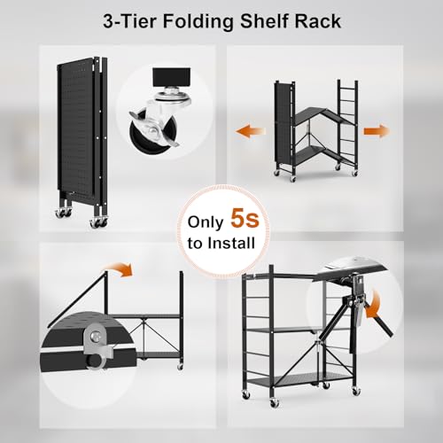 Himix Storage Shelves with 6 Hooks, 3 Tier Foldable Shelf with Wheels, Metal Storage Shelving Unit Rolling Cart, Utility Shelf Rack Organization - WoodArtSupply