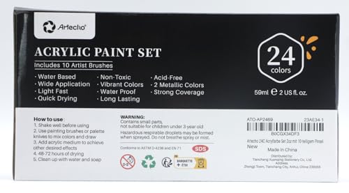 Artecho Acrylic Paint Set 24 Colors 2oz/59ml with 10 Paintbrushes, Art Craft Paint for Art Supplies, Paint for Canvas, Rocks, Wood, Fabric, Non Toxic