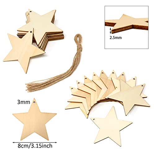 yueton 30PCS 8cm/3.15inch Wooden Star Hanging Ornaments Unfinished Blank Star Wood Pieces Wood Slices Wood Chips Gift Tags Wooden Star Embellishment