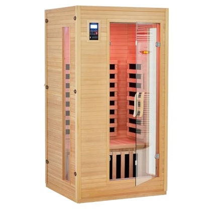 1 or 2 Person Sauna, Low EMF 6 Heating Plate Infrared Physical Therapy Wooden Dry Steam Sauna with MP3 Auxiliary Connection, Dual Controls, Iron