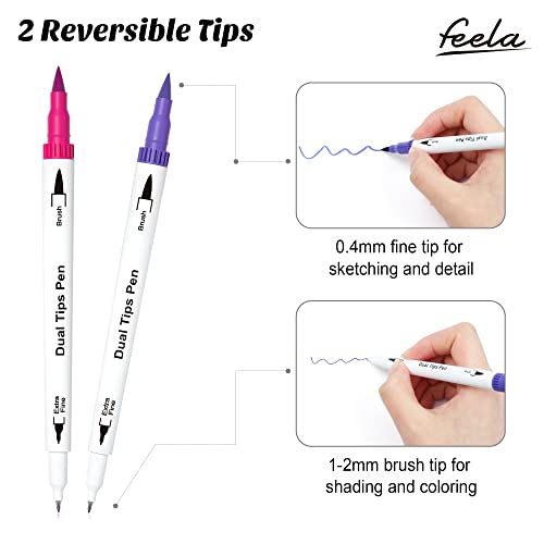 feela 100 Colors Dual Tip Brush Pens with Fineliners Art Markers