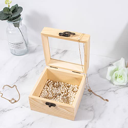 Useekoo 2Pcs Small Wooden Box with Hinged Lid, 4.7'' x 4.7'' x 3.1'' Unfinished Wood Box with Glass Lid, Small Wooden Jewelry Box for Gift, Home Useekoo