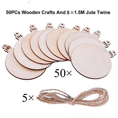 Pack of 50 Wooden Crafts to Paint 2.75 inch Christmas Tree Hanging Ornaments Unfinished Wood Cutouts Christmas Decoration DIY Crafts (Wooden Round