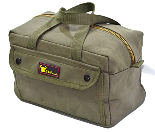 G & F Products Government Issued Style Mechanics Heavy Duty Tool Bag with Brass zipper and side pockets, tool bag for cars, drill, garden, and G & F Products