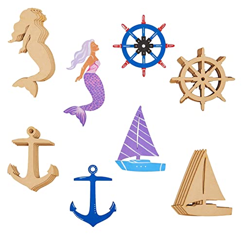 24 Pieces Unfinished Nautical Wood Cutouts for Crafts, Wooden Sailboat, Mermaid, Anchor, Ship Wheel for DIY Projects Genie Crafts