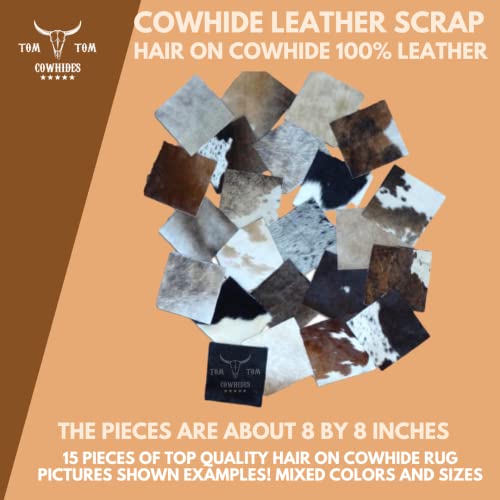 Tomtom Cowhides Nice Variety 15 Pieces Hair on Cow Hide Scrap Leather Hide Remnant (15) Pieces of Approx. 8" x 8" TOM TOM COWHIDES