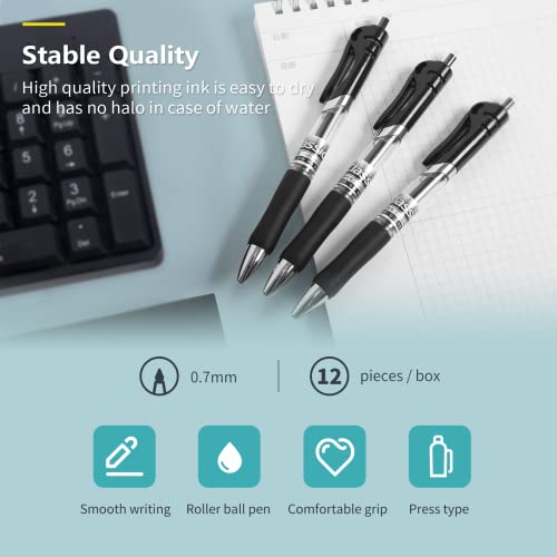 YPENSLZX 0.7mm Gel Pens, Black Ink, Retractable Rolling Ball Gel Pens, Writing Smoothly, Large Capacity, Suitable for Working or Studying, 12-Pack, YPENSLZX
