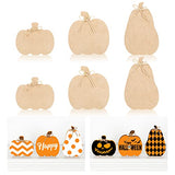 Whaline 6Pcs Fall Pumpkin Wooden Cutouts with Ropes 3 Design Unfinished Pumpkin Shaped Table Wooden Signs for Fall Thanksgiving Halloween Tiered Tray Whaline
