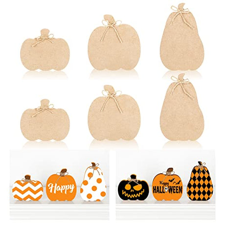 Whaline 6Pcs Fall Pumpkin Wooden Cutouts with Ropes 3 Design Unfinished Pumpkin Shaped Table Wooden Signs for Fall Thanksgiving Halloween Tiered Tray Whaline