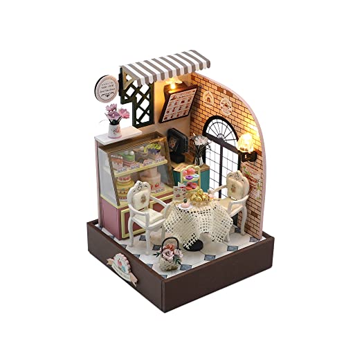 Kisoy Dollhouse Miniature with Furniture Kit, DIY 3D Wooden DIY House Kit with Dust Cover,Handmade Tiny House Toys for Teens Adults Gift(Sweet Cake