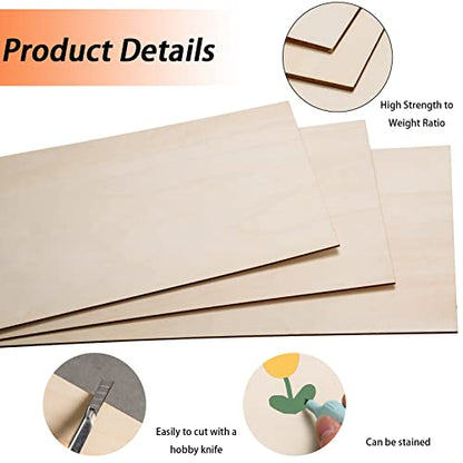 12 Pack Basswood Sheets for Crafts-12 x 20 x 1/8 Inch- 3mm Thick Plywood Sheets with Smooth Surfaces-Unfinished Rectangular Wood Boards for Laser