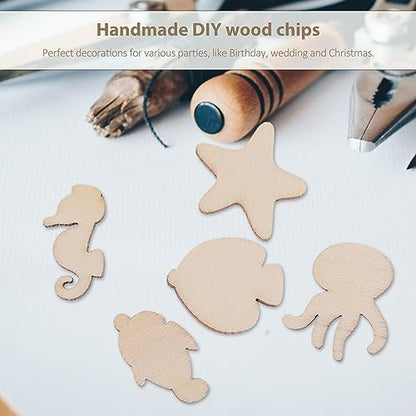 Ocean Decor Unfinished Sea Creatures Wood Cutouts 100pcs Blank Wooden Ocean Animals Sea Animal Life Cutouts Chips Shapes Model for Home Decor - WoodArtSupply