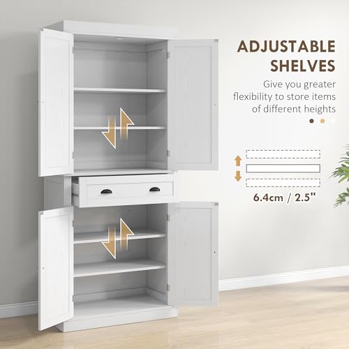 HOMCOM 72" Freestanding Kitchen Pantry Cabinet, Tall Storage Cabinet with 2 Door Cabinets, Drawer and Adjustable Shelves, White Wood Grain HOMCOM