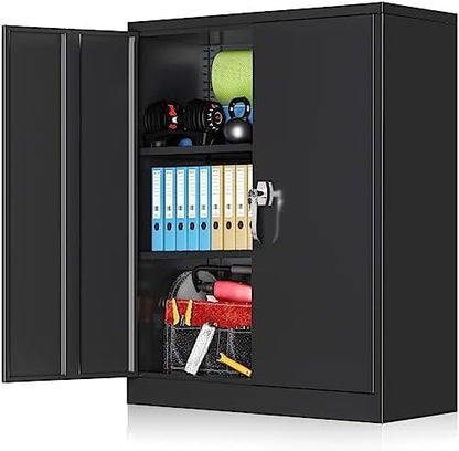Greenvelly Metal Garage Cabinet, 42" H Locking Metal Storage Cabinet with 2 Doors and Adjustable Shelves, Black Steel File Cabinet for Home Office,
