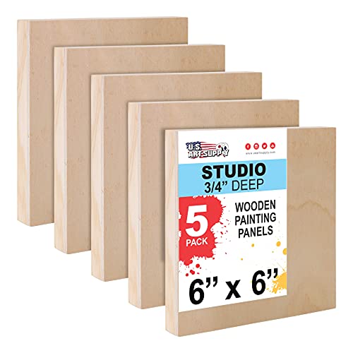 U.S. Art Supply 6" x 6" Birch Wood Paint Pouring Panel Boards, Studio 3/4" Deep Cradle (Pack of 5) - Artist Wooden Wall Canvases - Painting U.S. Art Supply