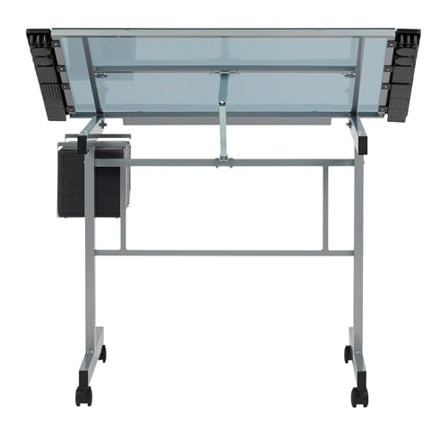 Studio Designs Vision Craft and Drawing Station - 35.5" W by 23.75" D Silver-Blue Glass Top Drafting Table with Pencil Drawers, Side Trays, & SD Studio Designs