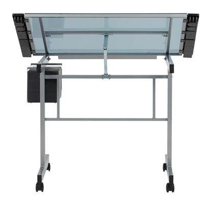 Studio Designs Vision Craft and Drawing Station - 35.5" W by 23.75" D Silver-Blue Glass Top Drafting Table with Pencil Drawers, Side Trays, & - WoodArtSupply