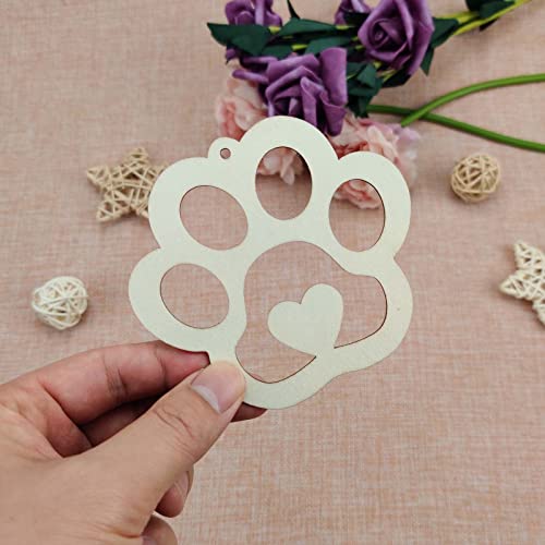 20pcs Dog Paw Heart Wood DIY Crafts Cutouts Wooden Cat Claw Heart Shaped Hanging Ornaments with Jute Twines Gift Tags for DIY Projects Dog Pets