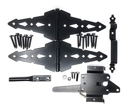 Wood Gate Hardware Set – Heavy Duty Kit for Fence Swing Gate- Outdoor Decorative Black Finish w/ 8” Strap Hinges and Spring Loaded Latch - WoodArtSupply