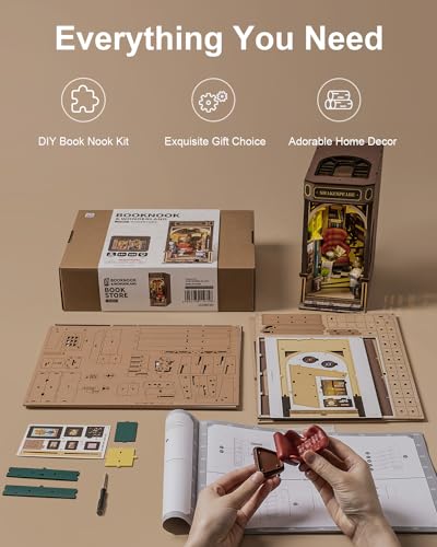 Rowood Book Nook,DIY Book Nook Kits for Adults,3D Wooden Puzzle Bookend Miniature Kit,Bookshelf Insert Decor Alley,Wood Craft Hobbies for RoWood