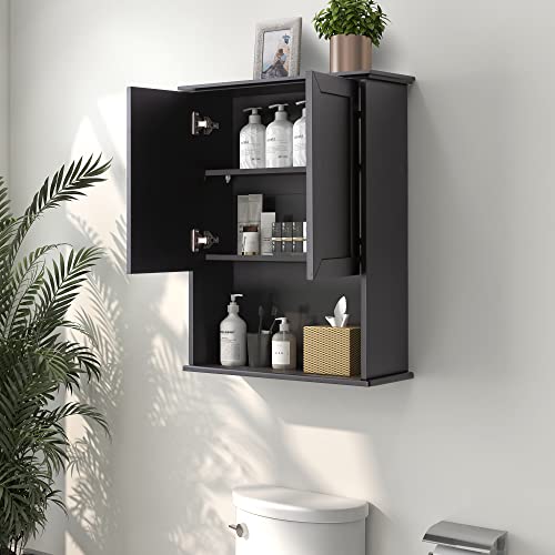 OONNEE Bathroom Wall Cabinet Black Wall Mounted Wood Medicine Cabinets, Over Toilet Storage Cabinet with 2 Doors & Adjustable Shelf, Soft Hinge Wall