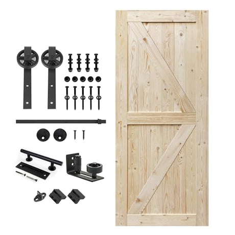 S&Z TOPHAND 34 in x 84 in Unfinished British Brace Knotty Barn Door with 6.6FT Sliding Door Hardware Kit/Solid Wood/Unfinished British Brace Barn S&Z TOPHAND