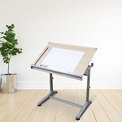 Stand Up Desk Store Adjustable Height and Angle Drafting Table Drawing Desk with Large Surface (Silver Frame/Birch Top, 40" W X 26" D) - WoodArtSupply