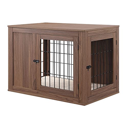 unipaws Furniture Style Dog Crate End Table with Cushion, Wooden Wire Pet Kennels with Double Doors, Medium Dog House Indoor Use (Walnut, Medium) - WoodArtSupply