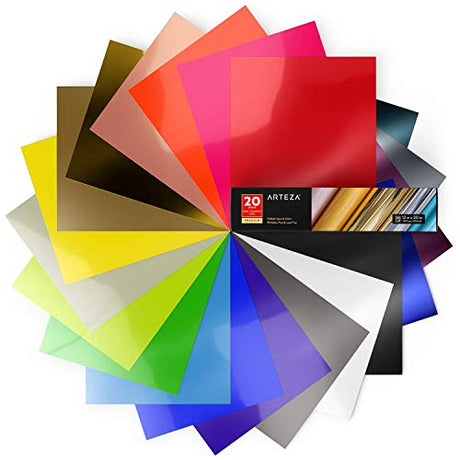 Arteza Neon & Metallic Heat Transfer Vinyl Sheets, Set of 20, Iron On Vinyl Bundle, 12x20 Inches, Flexible & Easy to Weed, Use with Any Craft Cutting ARTEZA