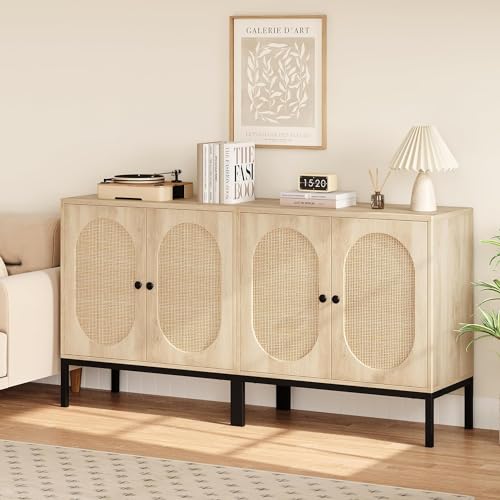GAOMON Sideboard Buffet Cabinet, Rattan Storage Cabinet, Wood Accent Cabinet with Door and Shelf, Console Cabinet with Storage, Sideboard Cabinet for