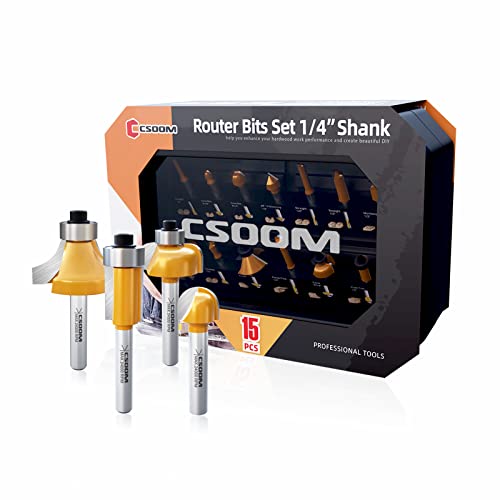 CSOOM Upgrade 15 Pieces Router Bits ,Tungsten Carbide Router Bit Set, 1/4 inch Shank,High Durability Woodworking on Wood of - WoodArtSupply