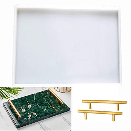 DSHE Silicone Mold Tray Geode 1pcs Agate Platter Molds and 2pcs Gold Handles, Epoxy Resin Casting Molds for Making Faux Agate Tray,Serving Board DSHE