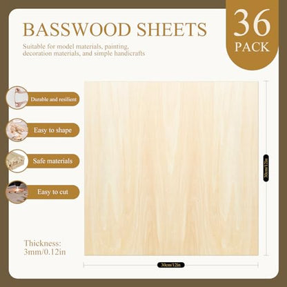 36 Pack Basswood Sheets,12"x12"x1/8" 3mm Basswood Plywood,Craft Wood,Unfinished Wood,for DIY Ornaments and Model Engraving, Wood Burning,