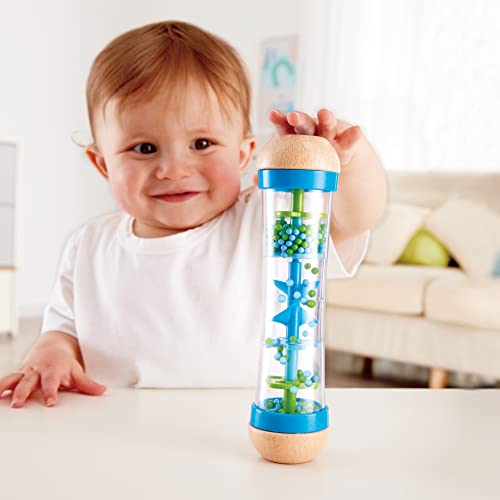 Hape Beaded Raindrops | Mini Wooden Musical Shake & Rattle Rainmaker Toy, Blue, Model Number: E0328B ,L: 2, W: 2, H: 7.9 inch