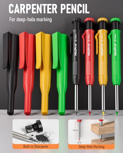 Nicpro 4 Pack Carpenter Pencil with Sharpener & Cap, Mechanical Carpenter Pencils Set with 52 Refill, Deep Hole Marker Woodworking Pencils, Heavy Nicpro