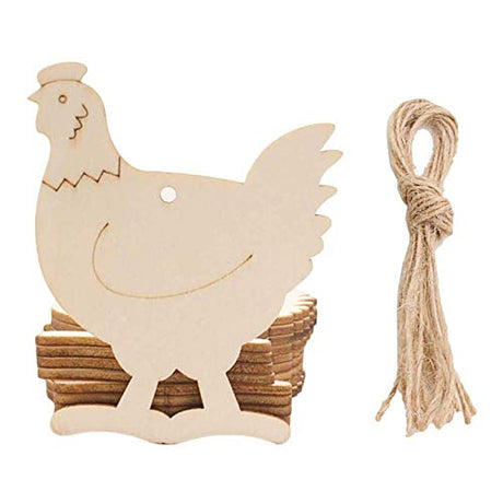 JANOU 20pcs Hen Shaped Wood DIY Craft Cutouts Chicken Unfinished Wood Gift Tags Ornaments with Ropes for Wedding Birthday Happy Easter Party JANOU