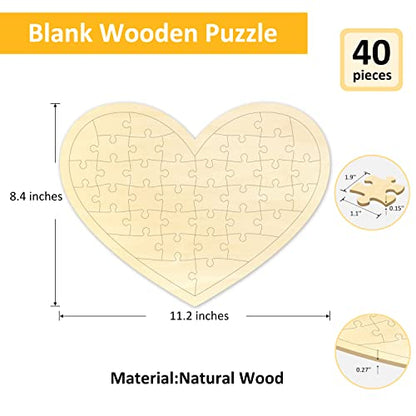 Blank Puzzle Heart Shape with 40 Pieces, Blank Heart Wooden Jigsaw Puzzle with Puzzle Tray for Crafts & DIY, Custom Puzzle 11.2x8.4 Inches 1 Pack