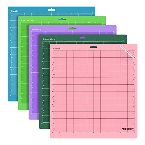 Welebar Cutting Mats for Cricut Maker/Maker3/Explore 3/ Air 2/Air, 5 Pack(12x12 Inch, StandardGrip/LightGrip/StrongGrip/FabricGrip) Replacement WELEBAR