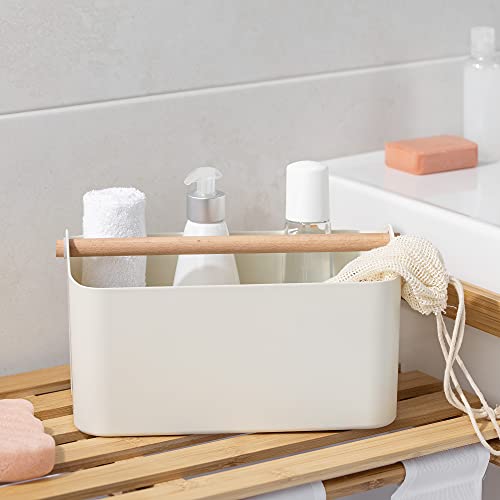 Navaris Organizer Caddy with Wood Handle - Storage Holder with 2 Compartments for Makeup Nursery Desk Bathroom 10.4" x 6.5" x 5.9" - Cream Navaris