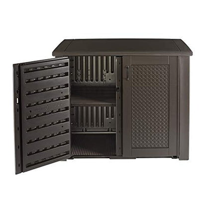 Rubbermaid Extra Large Decorative Patio Storage Cabinet, Weather Resistant, 123 Gal., Dark Teakwood, for Garden/Backyard/Home/Pool - WoodArtSupply