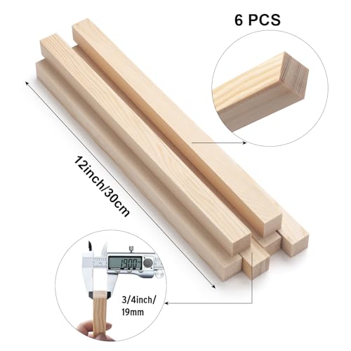 Square Wooden Dowel Rods, 6 PCS 3/4" x 12" Square Wood Dowel Rods Wooden Sticks for Crafts, Unfinished Hardwood Sticks Wood Strips for Woodworking, Coowayze