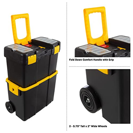 Portable Tool Box with Wheels - Stackable 2-in-1 Tool Chest with Fold-Down Comfort Handles, Tough Latches, and Removable Storage Trays by Stalwart Stalwart