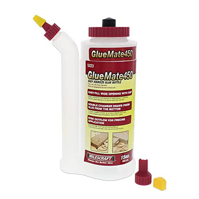 Milescraft 5223 Glue Mate 450-15oz. (450ml) Precision Wood Glue Bottle - Anti-Drip - Dowel and Biscuit Tips Included - Easy Flow Multi-Chamber Design