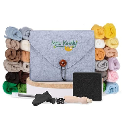 Max Kindly Needle Felting Kit Beginner | 24 Colors | Needle Felt Kit Includes Instructions, Case, Felting Needles, Assorted Wool roving, and Other