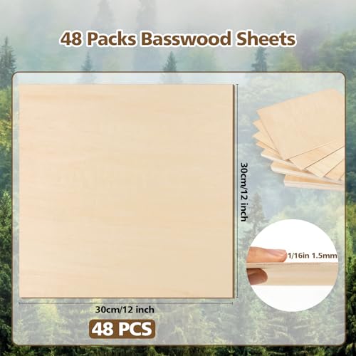 Basswood Sheets 1/16 x 12 x 12 inch - 1.5mm Basswood Sheets Plywood Sheets, 48Pcs Square Unfinished Wood Board for DIY Crafts, Laser Cutting, Wood