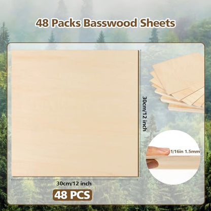 Basswood Sheets 1/16 x 12 x 12 inch - 1.5mm Basswood Sheets Plywood Sheets, 48Pcs Square Unfinished Wood Board for DIY Crafts, Laser Cutting, Wood