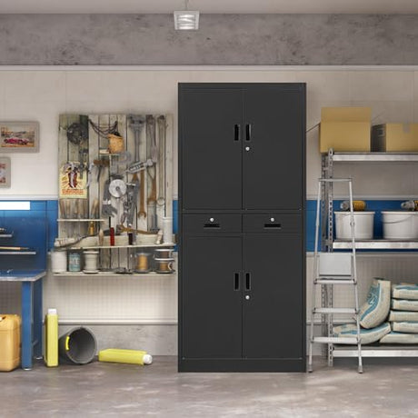 Metal Storage Cabinet，71" Garage Storage Cabinet with 2 Locking Drawer and 4 Adjustable Shelves ，Black Tool Cabinet，Lockable File Steel Cabinet for TaskStorz