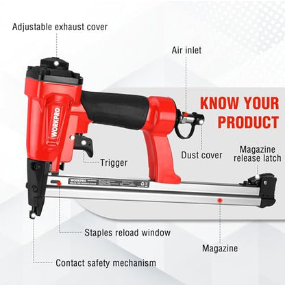 WORKPRO Pneumatic 20 Gauge Staple Gun, Oil-Free T50 Upholstery Stapler with 1260pcs 1/4" to 5/8" Staples, 200pcs Staple Capacity, Adjustable Exhaust, - WoodArtSupply