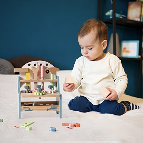 ROBOTIME Tool Bench Set for Toddlers - Mini Wooden Work Bench for Kids, Construction Toys w/Wooden Tools, Educational Pretend Play Gift Building Toy ROBOTIME